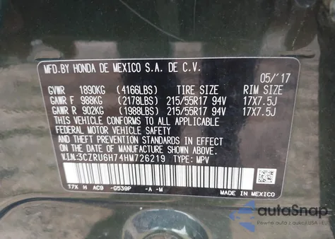 2017 Honda Hr-V Ex-L z USA, uszkodzony, nr VIN 3CZRU6H74HM726219